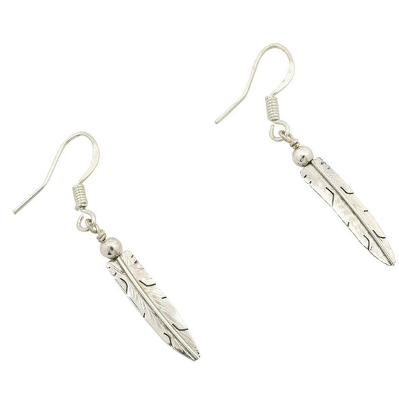 Sterling Silver 925 Earrings Feathers Jewelry by Native Navajo Artist E. Tahe - Picture 1 of 3